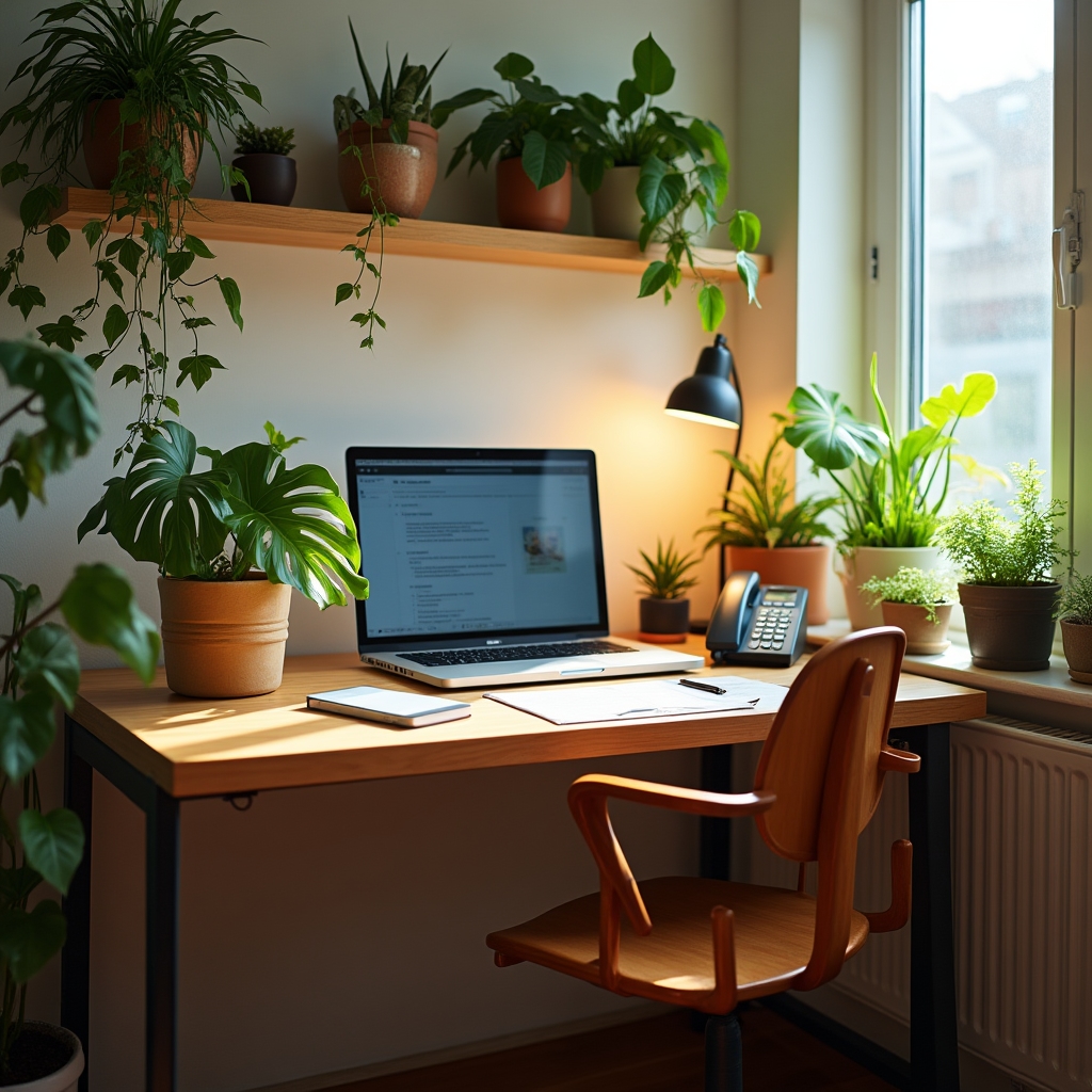 A bright home office workspace with several houseplants arranged around a desk near a window