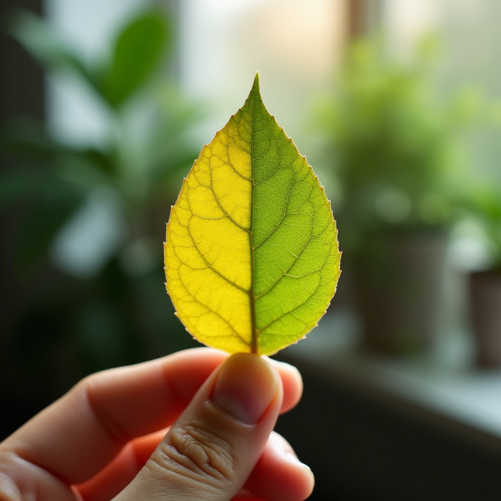 Close-up of a houseplant leaf showing yellow discoloration used for a diagnosis lesson