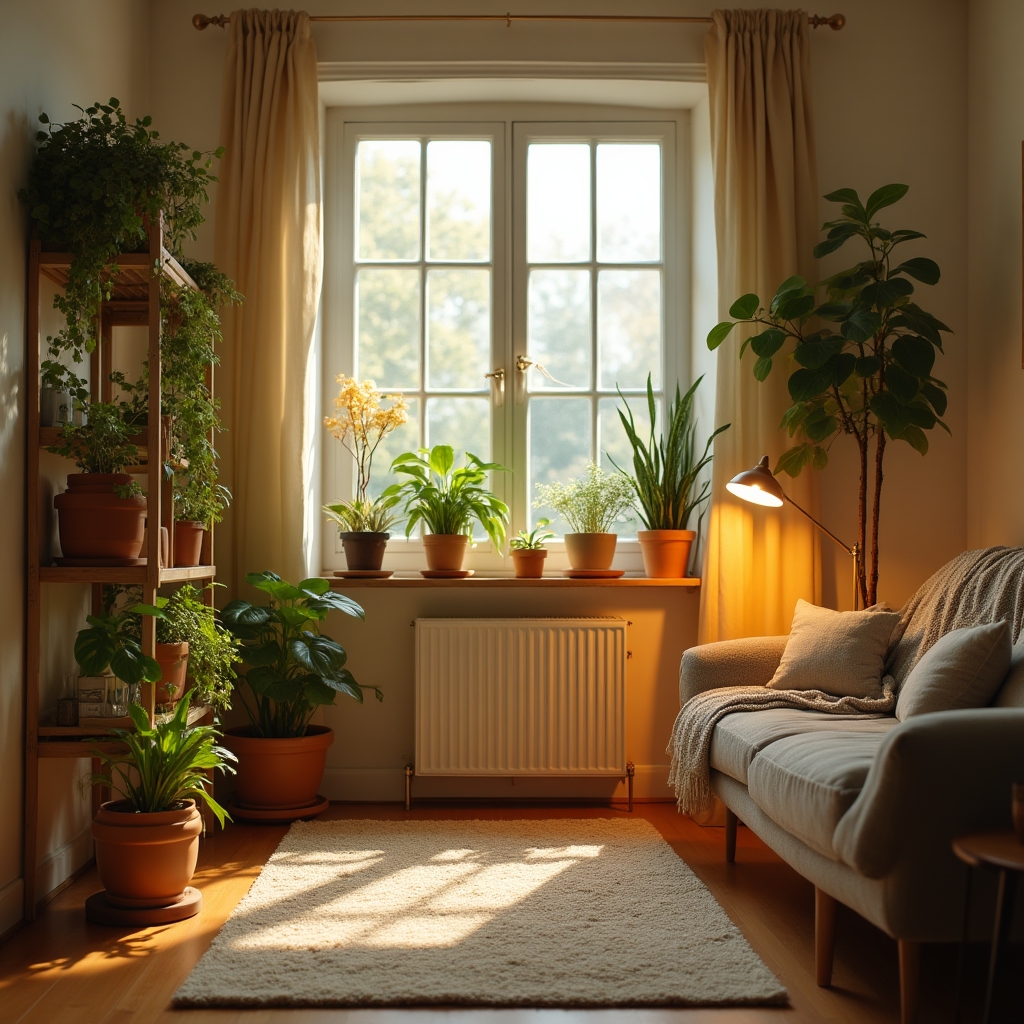A living room in a family apartment with houseplants placed on shelving out of reach of a play area
