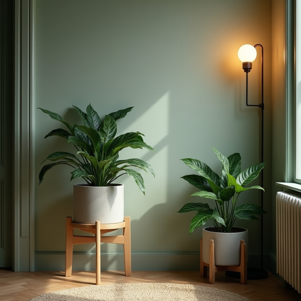 A shaded apartment corner styled with shade-tolerant houseplants on a low stand
