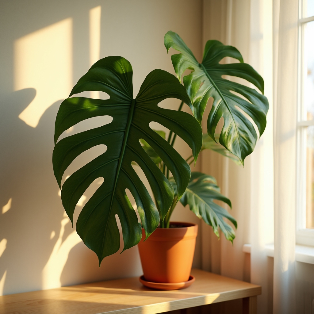 A monstera plant with large split leaves arranged on a wooden shelf near a bright apartment window