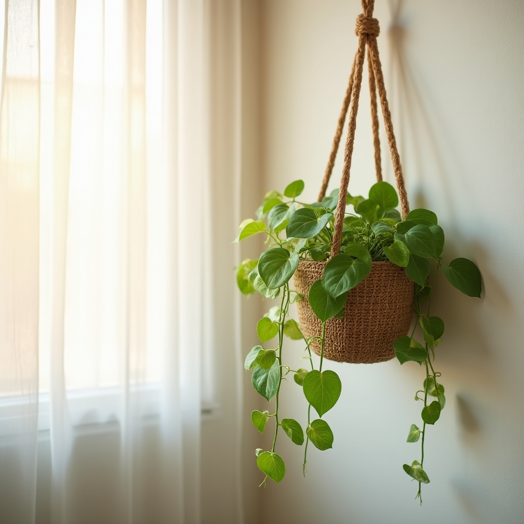 Trailing pothos vines cascading from a hanging planter against a bright wall