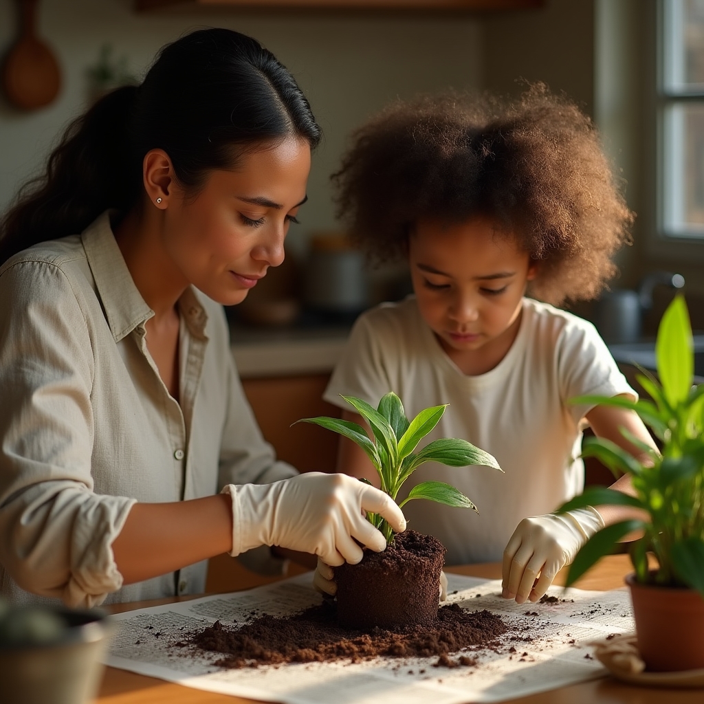 A person repotting a small houseplant into a new container on a kitchen table covered with newspaper